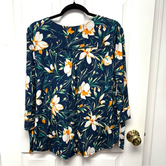 West K Faux Wrap Top, Blue and Yellow Floral, V Neck, 3/4 Sleeves, Size L - Picture 5 of 8